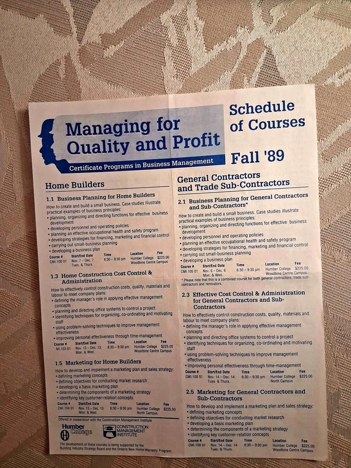 Vintage 1989 Humber College Business Course Schedule Pamphlet