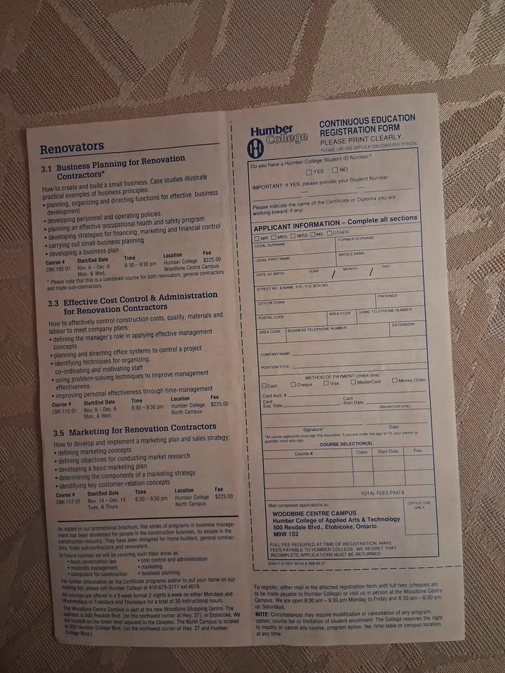 Vintage 1989 Humber College Business Course Schedule Pamphlet - photo 2