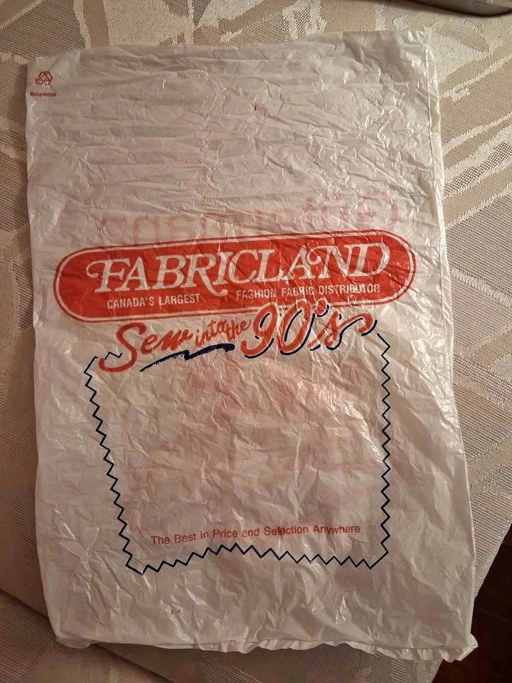 Vintage 1990 Fabricland Plastic Shopping Bag - 'Sew into the 90'