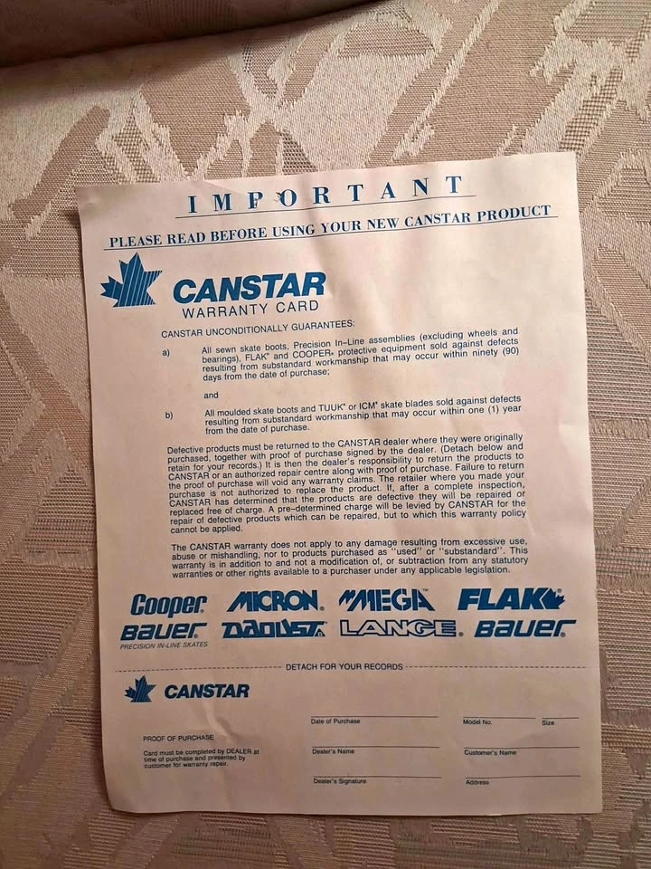 Vintage 1992 Canstar Hockey Skates Warranty card Collectible