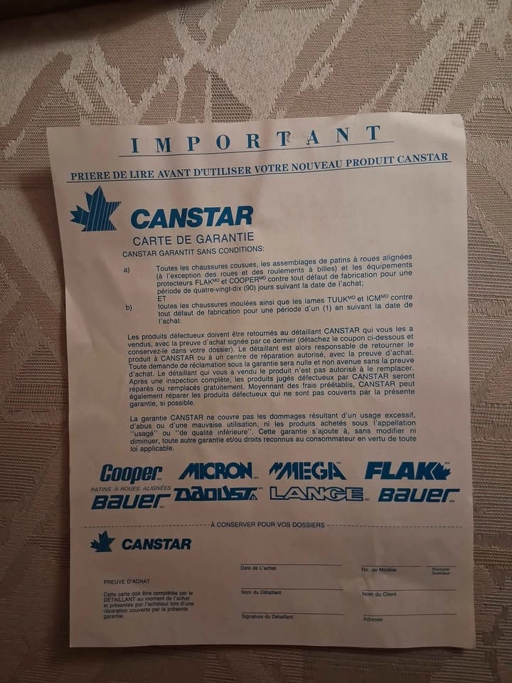 Vintage 1992 Canstar Hockey Skates Warranty card Collectible - photo 2