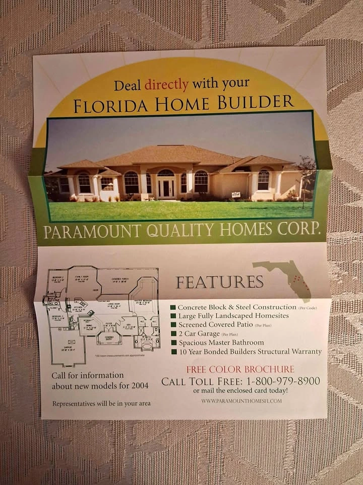 Vintage 2004 Paramount Quality Homes Florida Souvenir pamphlet