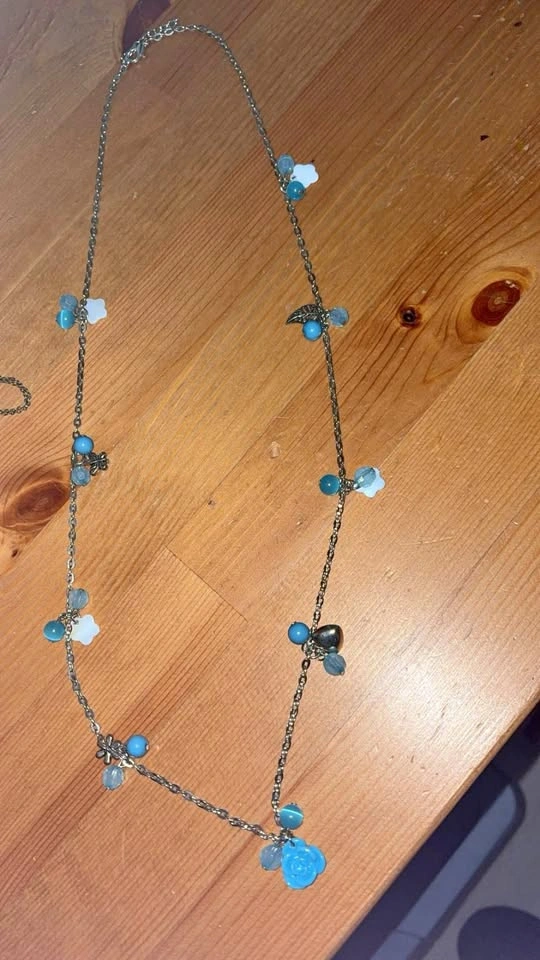 Blue Beaded Floral Charm Necklace