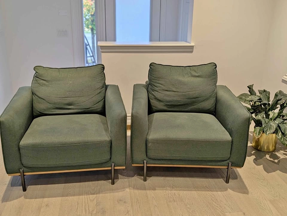 Costco Pair of Olive Green Accent Armchairs with Wood Base