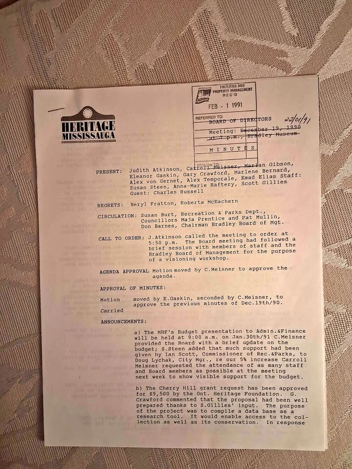 Vintage 1991 Heritage Mississauga Board Meeting Minutes Document