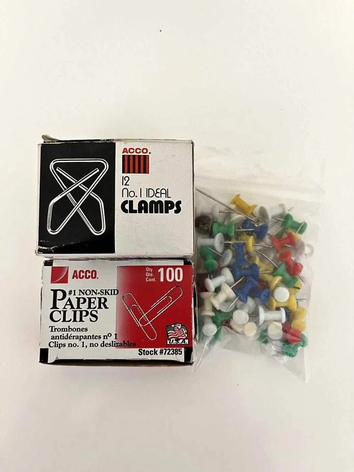 Box of Paper Clips, Push Pins and Clamps