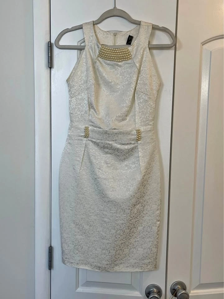 White Jacquard Sleeveless Dress Ivory Pearl Embellished XS-S
