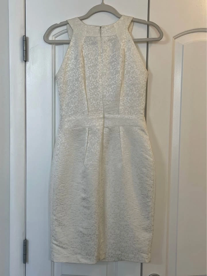 White Jacquard Sleeveless Dress Ivory Pearl Embellished XS-S - photo 2