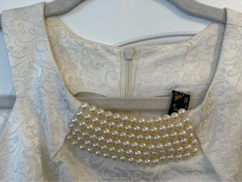 White Jacquard Sleeveless Dress Ivory Pearl Embellished XS-S - photo 3