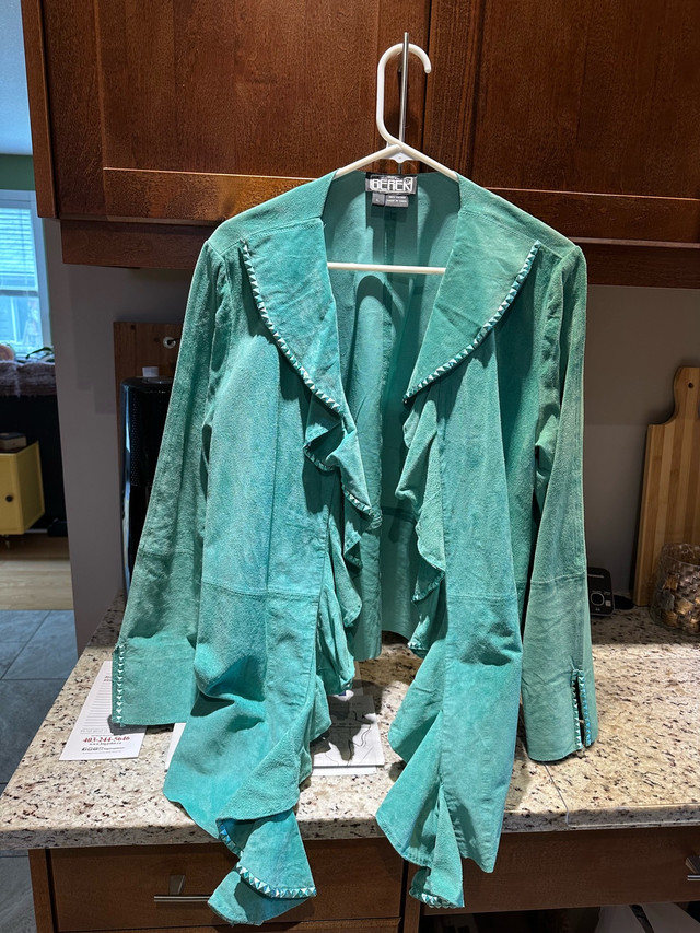 Vintage Turquoise Ruffle Front Suede Jacket by Barek