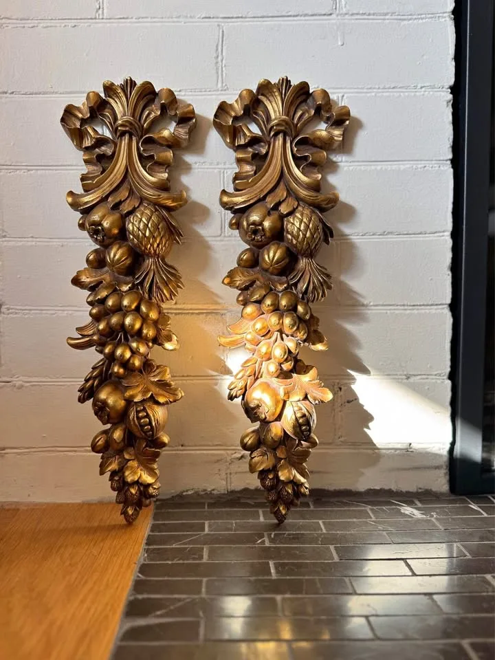 Vintage 1966 Syroco Gold Fruit Motif Wall Plaques (Pair) thumbnail