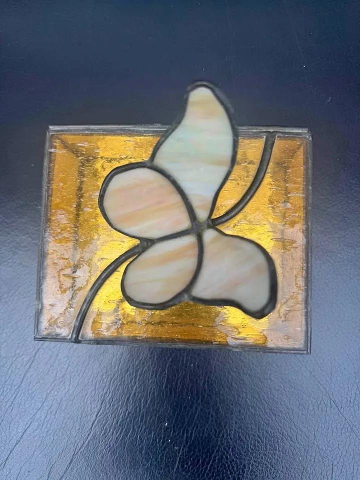 Beautiful Amber Stained Glass Butterfly Treasure Box thumbnail