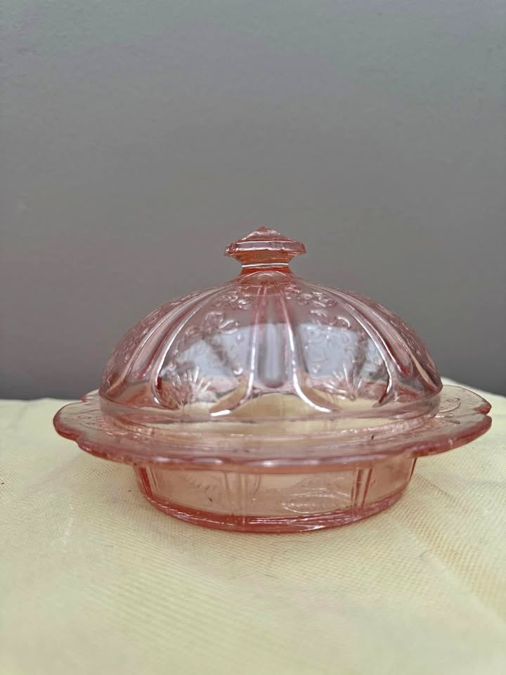 Pink Pressed Glass Covered Butter Dish