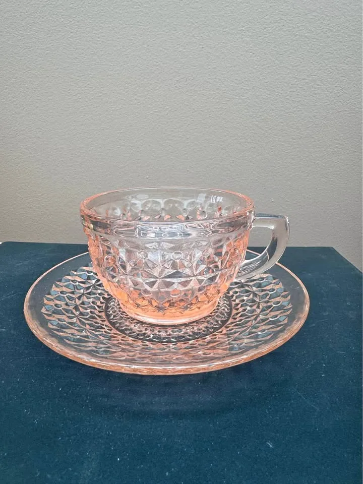 Vintage Pink Depression Glass Tea Cup and Saucer thumbnail