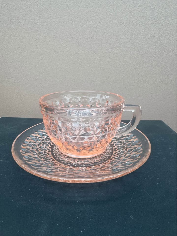 Vintage Pink Depression Glass Tea Cup and Saucer - photo 2