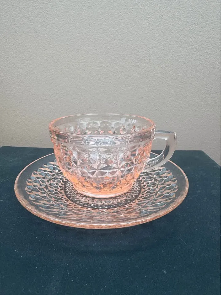 Vintage Pink Depression Glass Tea Cup and Saucer image indicator(2)
