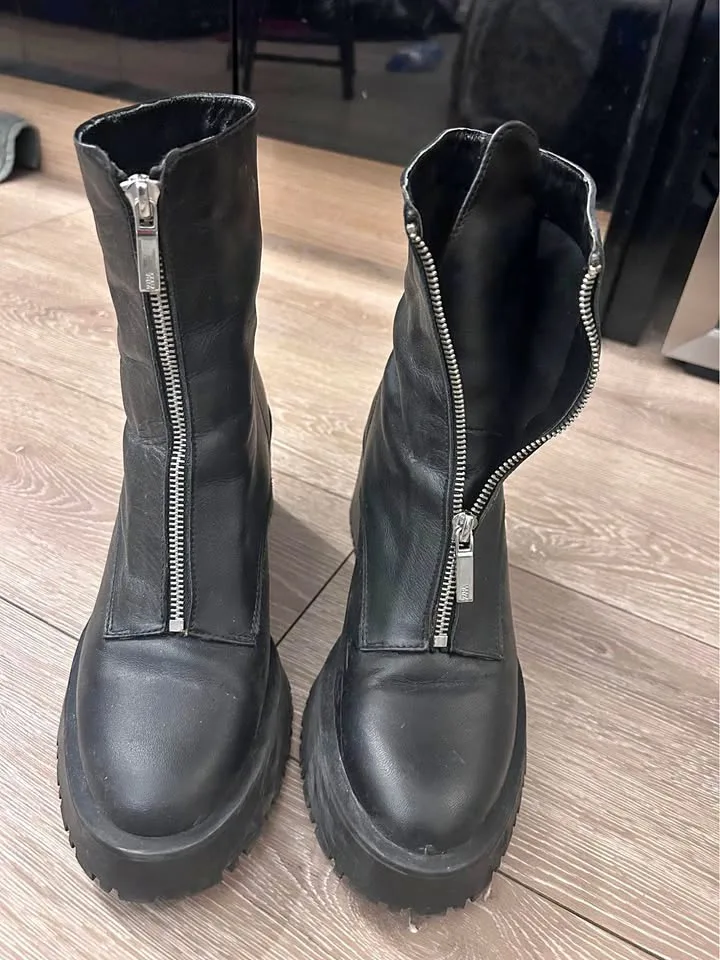 Zara Black Leather Heeled Boots - Size 39 thumbnail