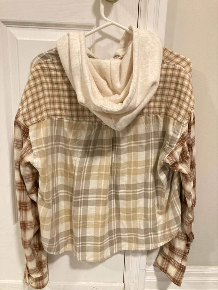 American Eagle Beige/Brown hooded button up plaid shirt - photo 2