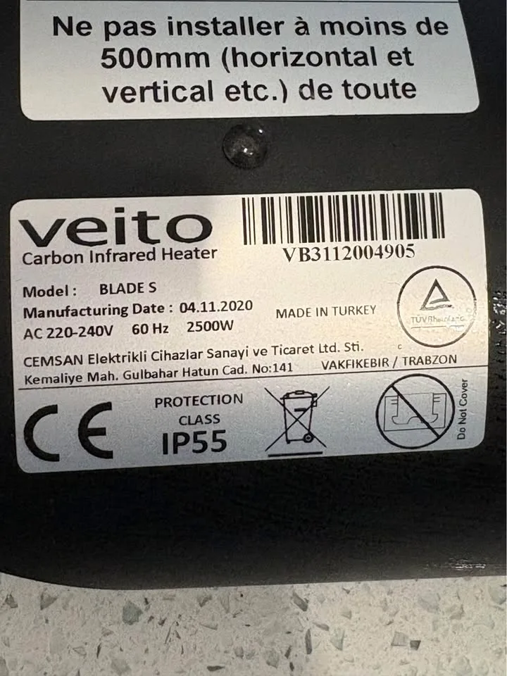 Veito Blade S 2500W infrared heater image indicator(3)