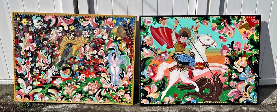 Colorful Folk Art Painting Large 4ft x 3ft