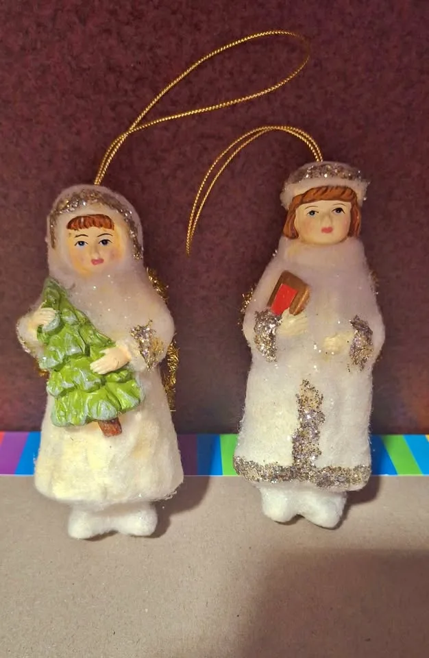 2 Flocked Angel Ornaments Holding Tree /Book 4.5" Tall thumbnail