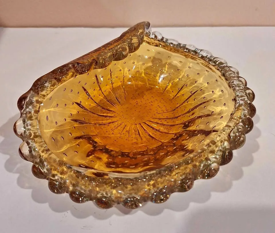 Vintage Murano? 8” Amber Bubble Glass Dish thumbnail