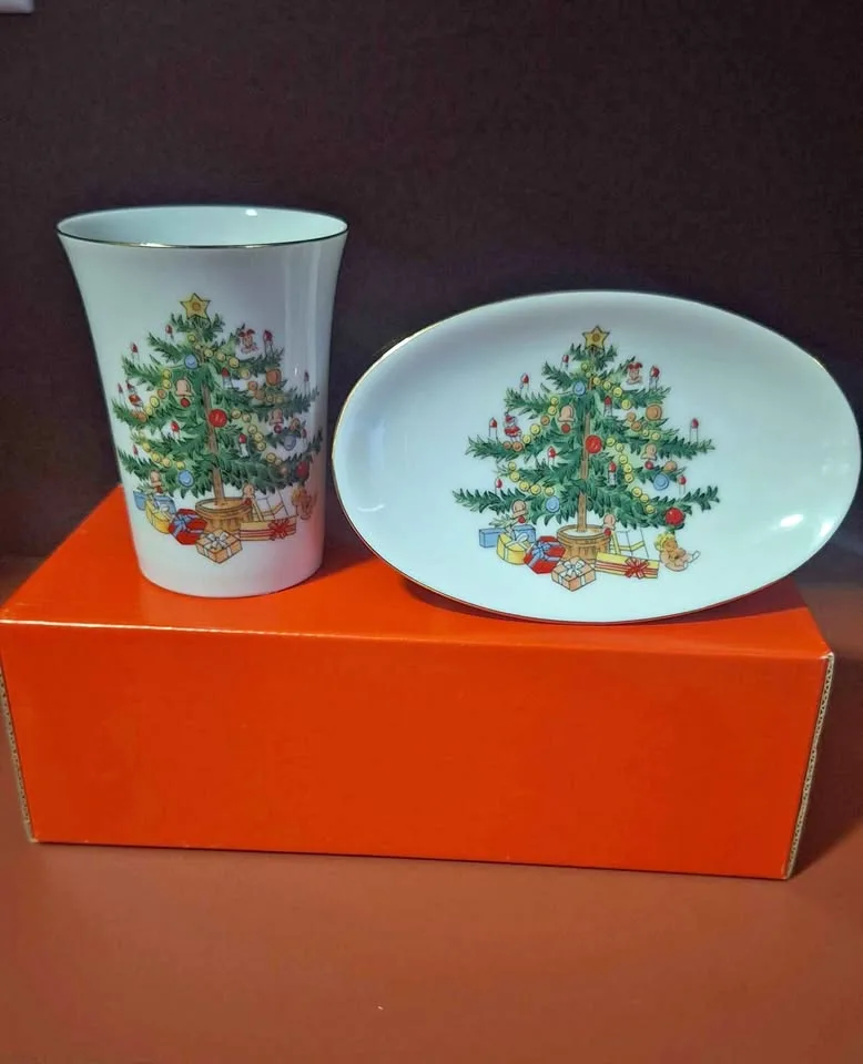Vintage Porcelain Christmas Tree Soap Dish & Tumbler thumbnail