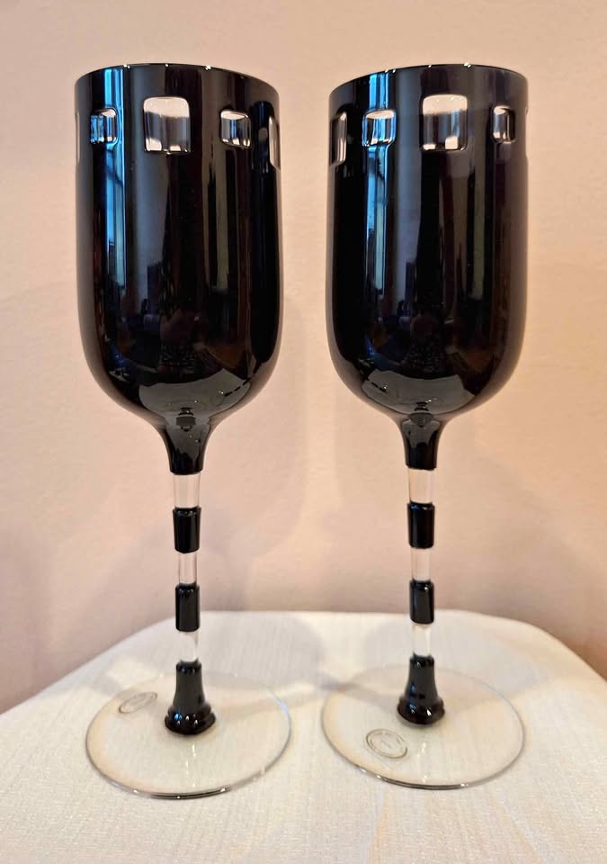 Pair Ajka Crystal Black Onyx Cut Glasses