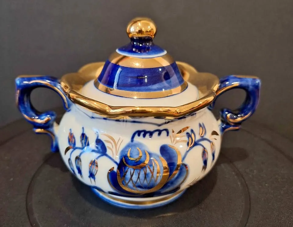Gzhel Sugar Bowl Hand Painted Gold thumbnail