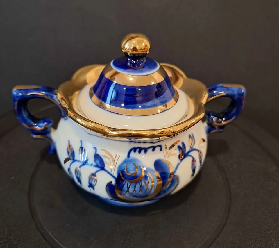 Gzhel Sugar Bowl Hand Painted Gold image indicator(2)