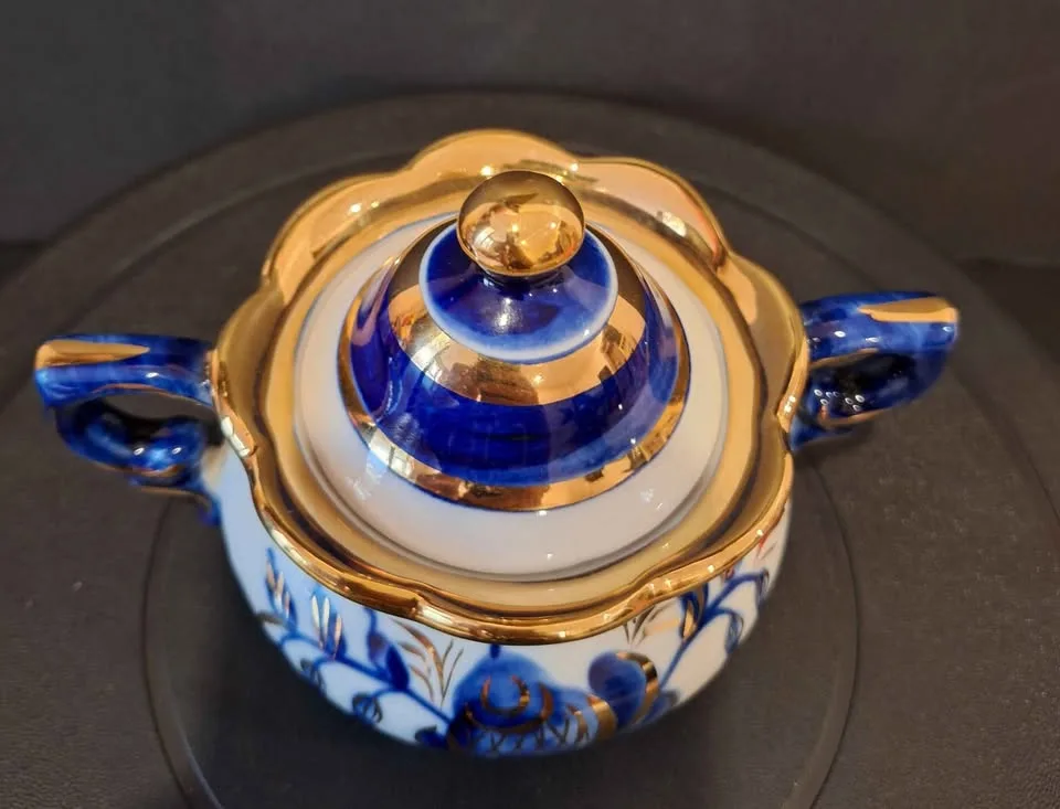 Gzhel Sugar Bowl Hand Painted Gold image indicator(3)