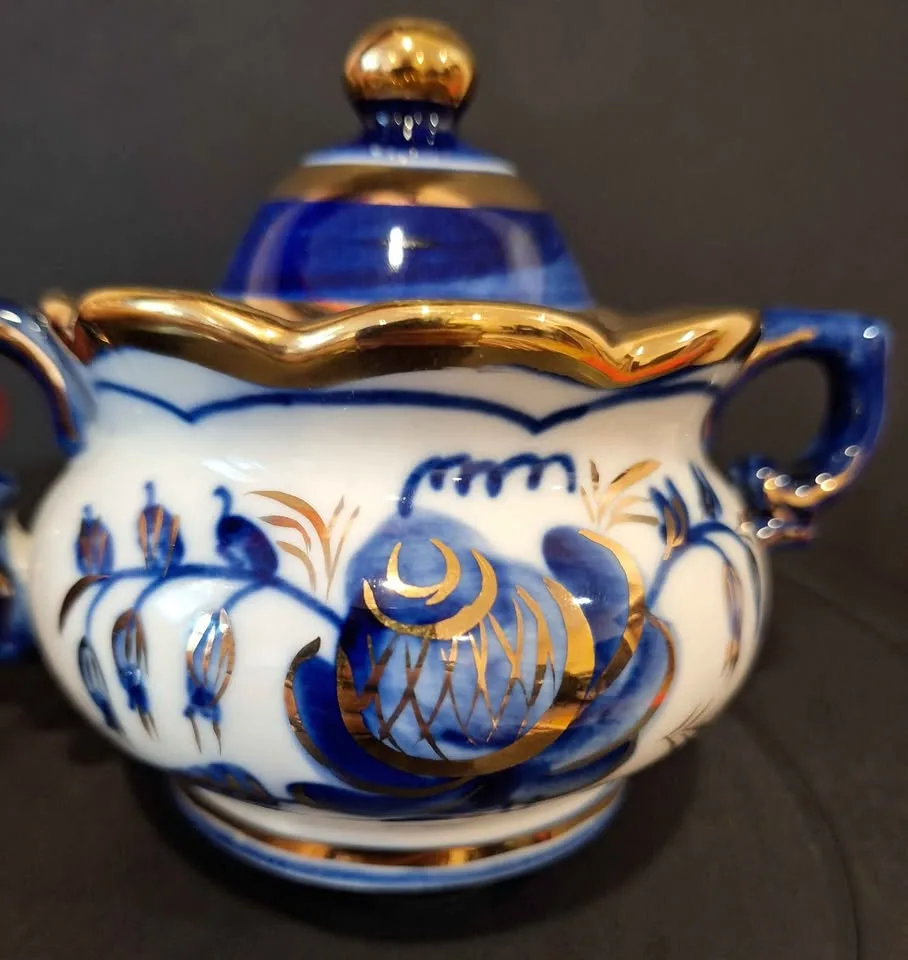 Gzhel Sugar Bowl Hand Painted Gold image indicator(5)