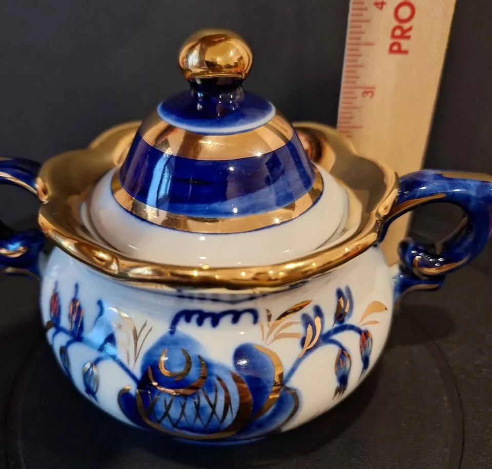 Gzhel Sugar Bowl Hand Painted Gold image indicator(9)