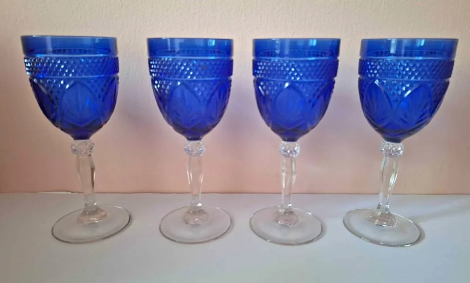 Vintage CRISTAL D'ARQUES Blue Wine Glasses - Set of 4 thumbnail