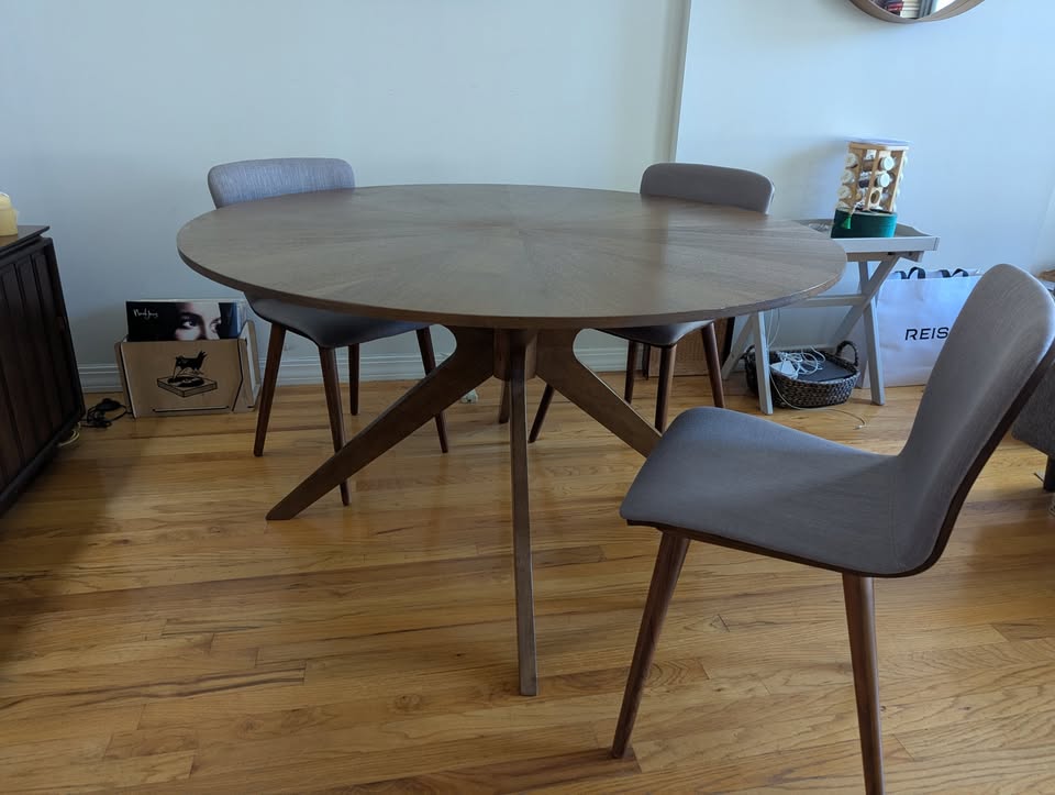 Mid-century walnut round dinning table with chairs - photo 2