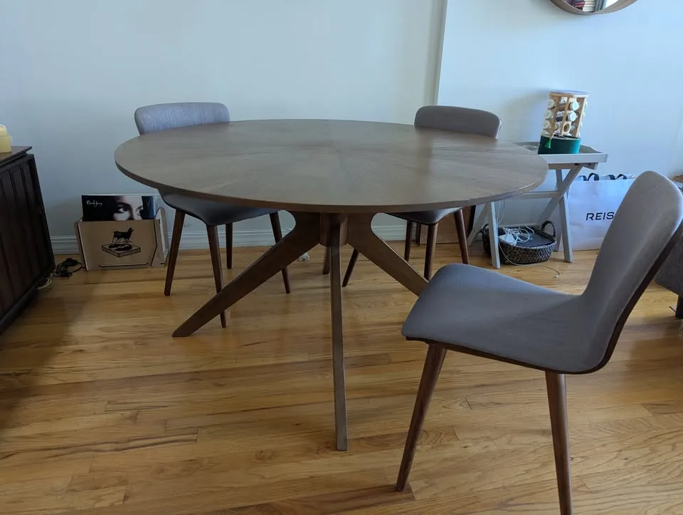 Mid-century walnut round dinning table with chairs image indicator(2)