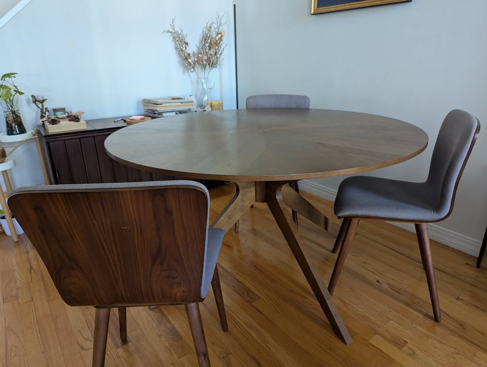 Mid-century walnut round dinning table with chairs - photo 3