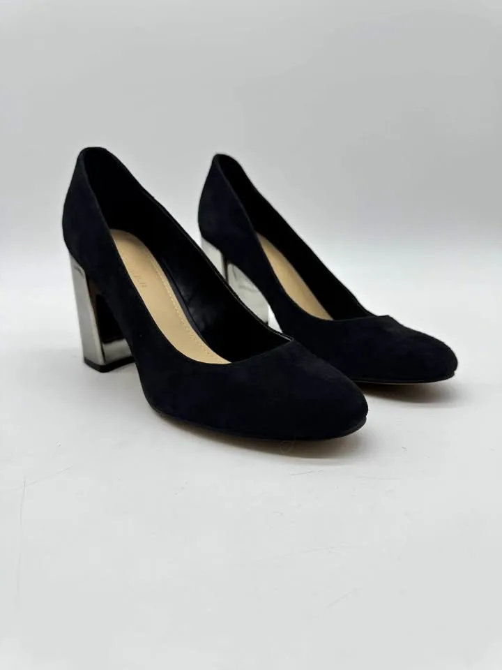 Luxury Black Suede Heels with Silver Block Heel – Size 7 thumbnail