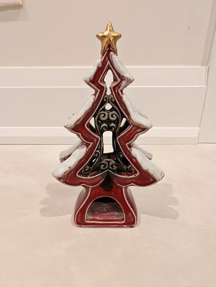 Green and Red Ceramic Christmas Tree with Gold Star Tealight Lit thumbnail