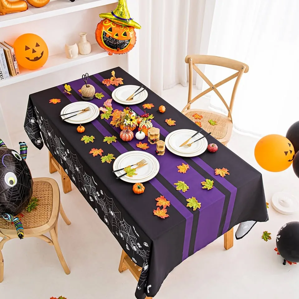 Halloween Spiderweb Striped Tablecloth - Purple