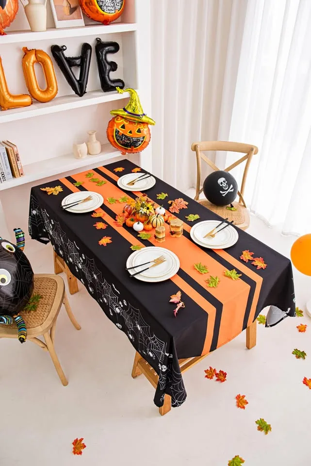 Halloween Spiderweb Striped Tablecloth - Orange