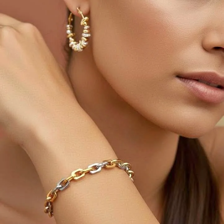 🧡 Set of 2 Two-tone Earrings & Bracelet Steel Plated thumbnail