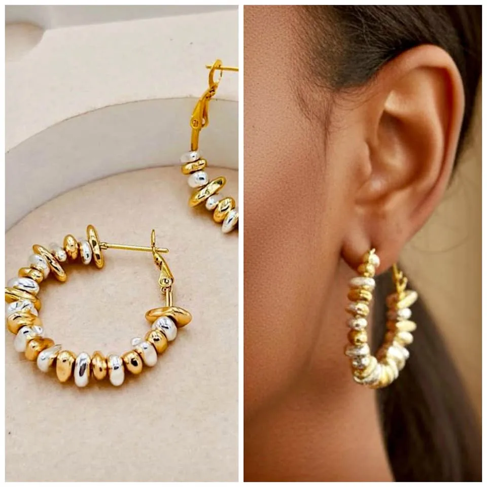 🧡 Two-tone Hoop Earrings (Gold & Silver Plated Beaded Hoops) thumbnail