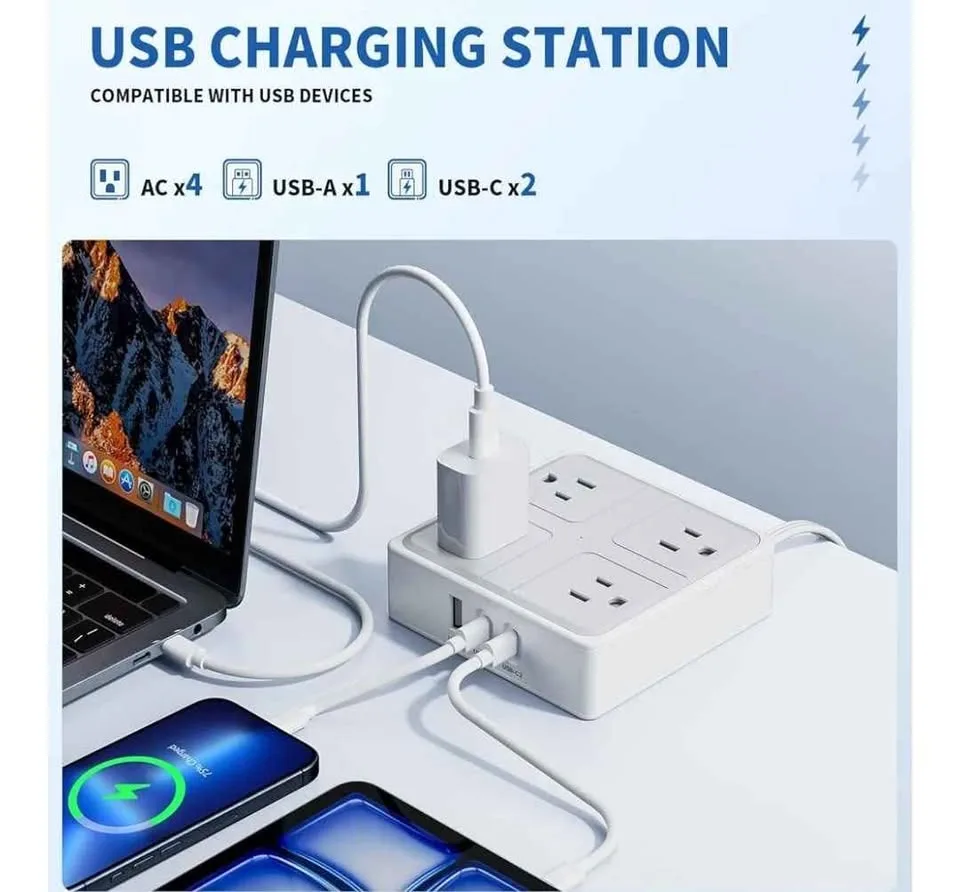 Flat Plug Power Strip Bar with USB C image indicator(2)