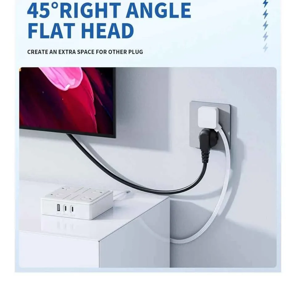 Flat Plug Power Strip Bar with USB C image indicator(4)