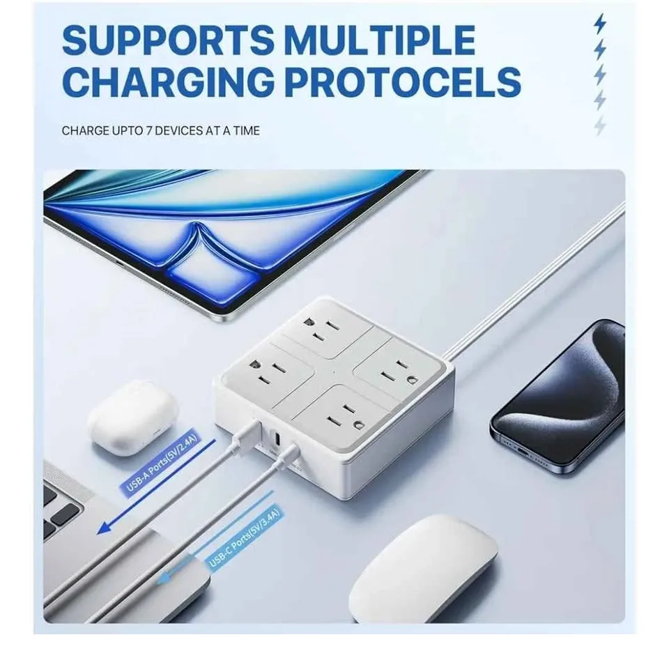Flat Plug Power Strip Bar with USB C image indicator(5)