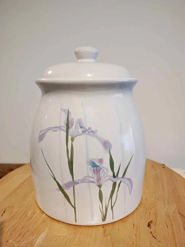 Corelle Cookie Jar, Shadow Iris, Purple Flower, Vintage 80s thumbnail