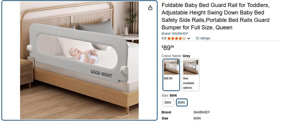 Foldable baby bed guard rail 60"