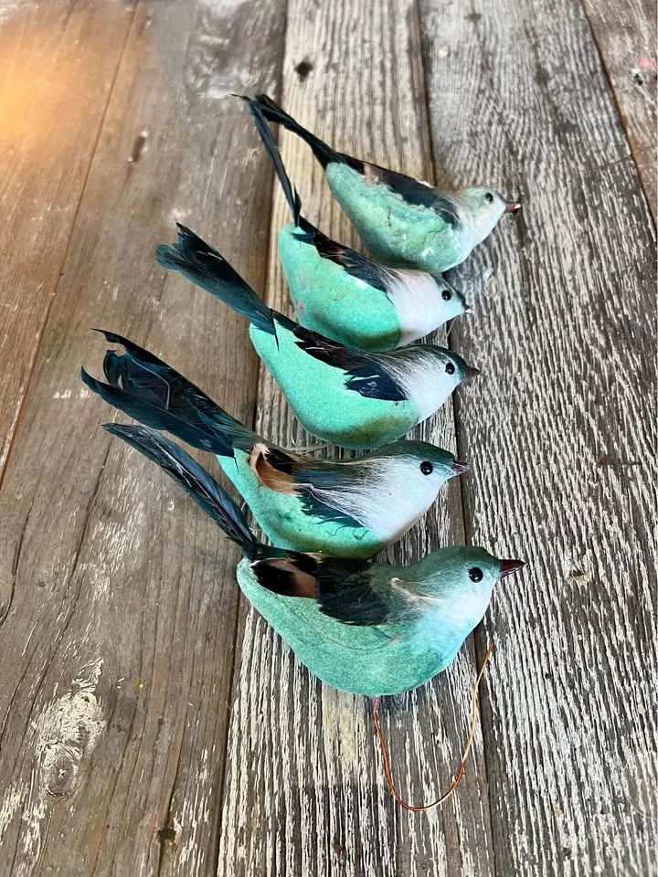 5 Vintage Green Finch Christmas Tree Song Birds 6" thumbnail