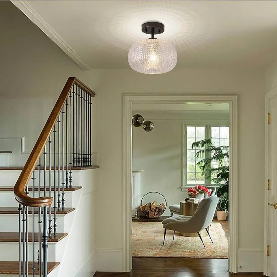 Semi Flush Mount Ceiling Light Fixture with Seeded Glass image indicator(6)